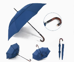 Ô cầm tay chống gió mạnh, màu xanh dương, tay cầm gỗ